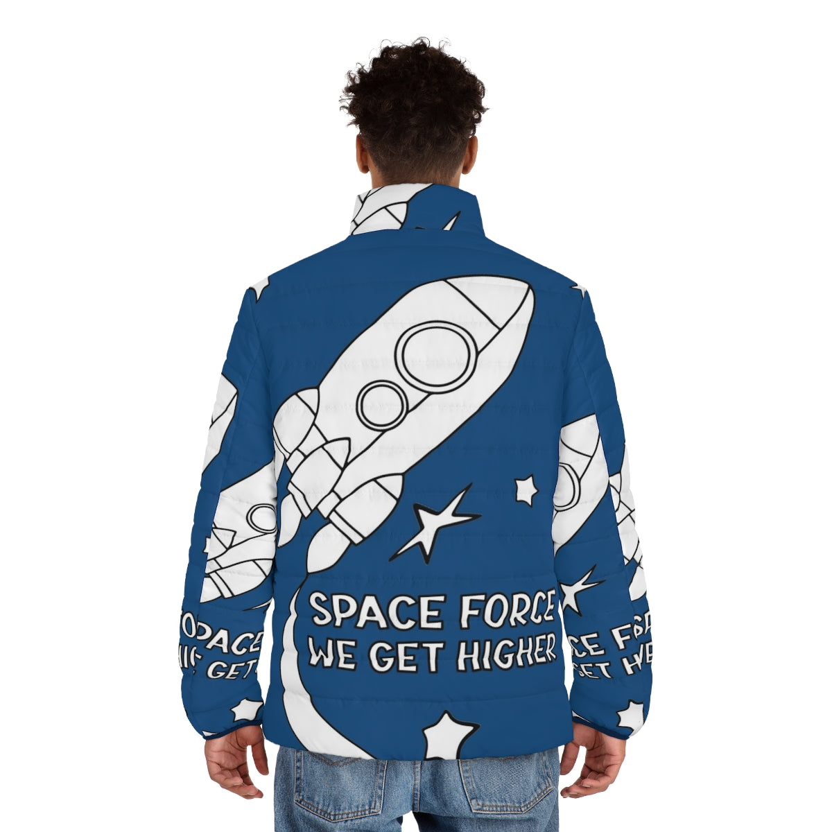 Stranger Things Space Force We Get Higher Puffer Jacket, sci-fi adventure outer space apparel - men back