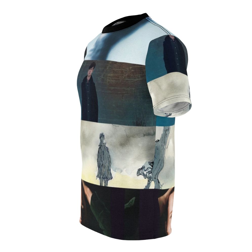 Stylish t-shirt featuring James Blake album artwork and alternative music references. - men left