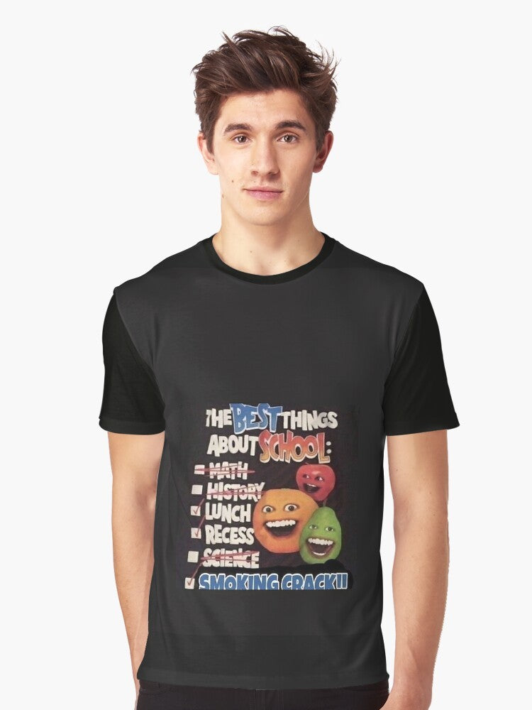 Annoying Orange graphic t-shirt featuring a smiling orange face and the text "Best Things About School" - Men