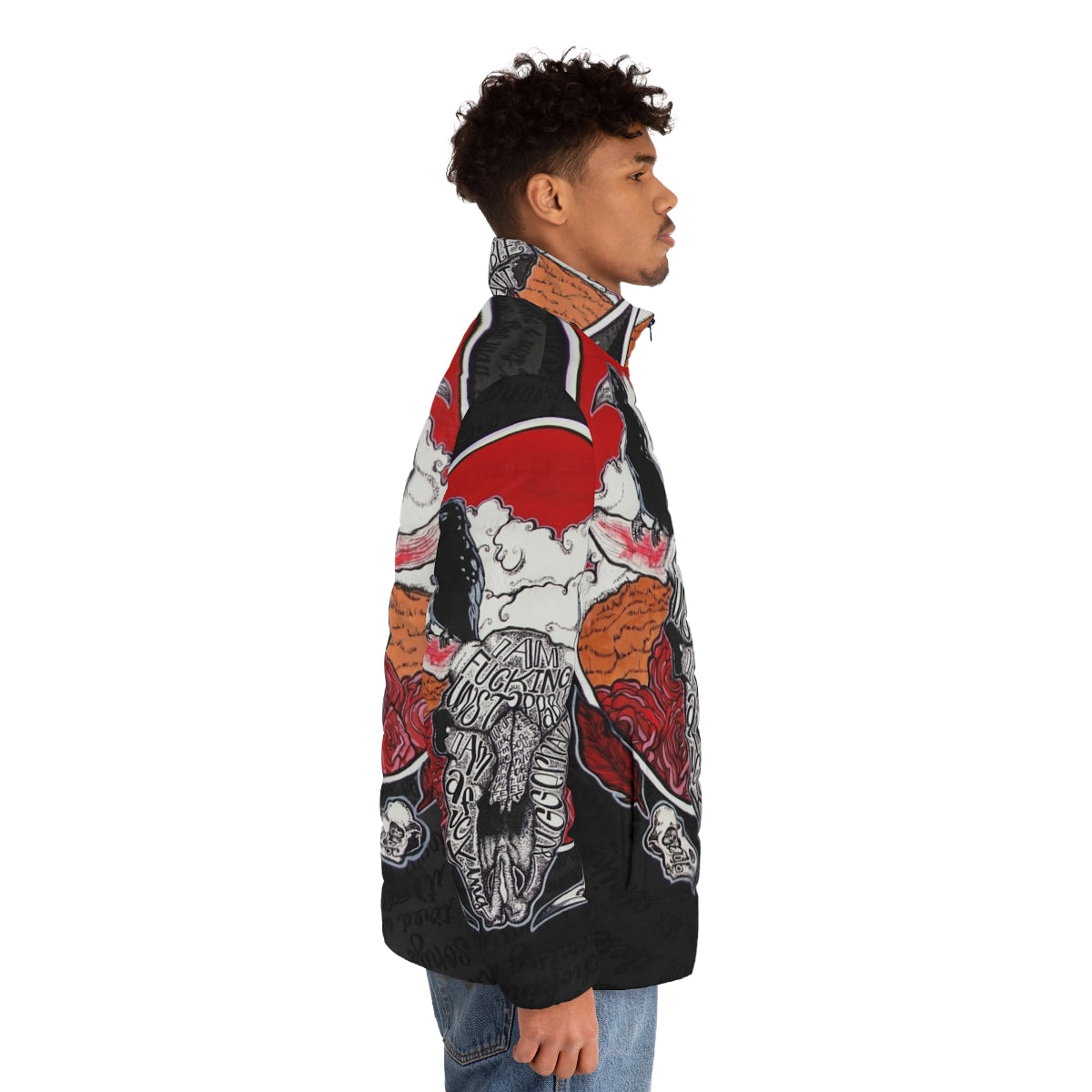 A red puffer jacket with the lyrics of the band Red City Radio printed on it - men side right