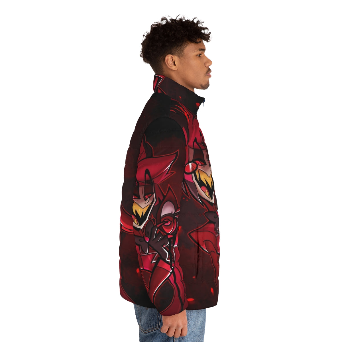 Hazbin Hotel Alastor Puffer Jacket featuring the iconic character design - men side right