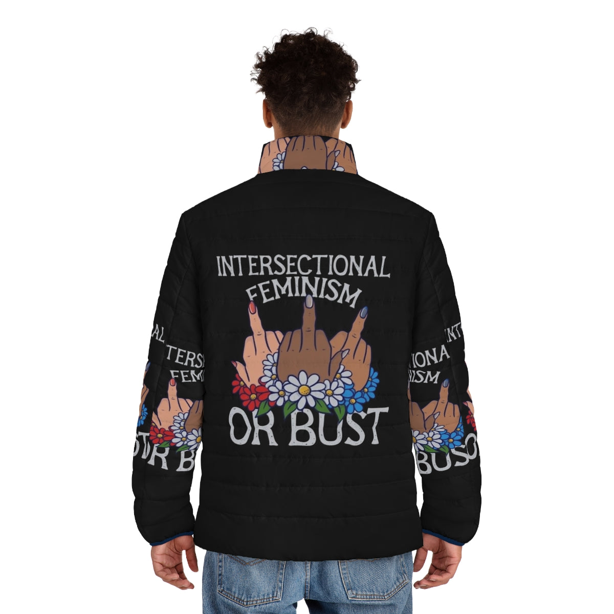 Woman wearing an intersectional feminist puffer jacket - men back