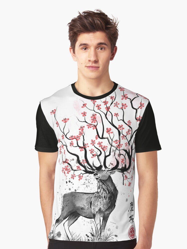 Minimalist graphic t-shirt featuring a sakura deer design in a watercolor sumi-e style - Men