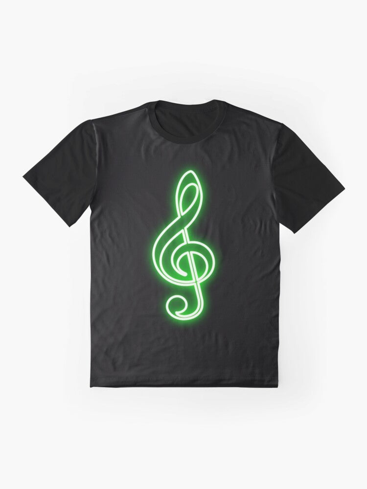 Neon green graphic t-shirt with a treble clef design for music enthusiasts - Flat lay