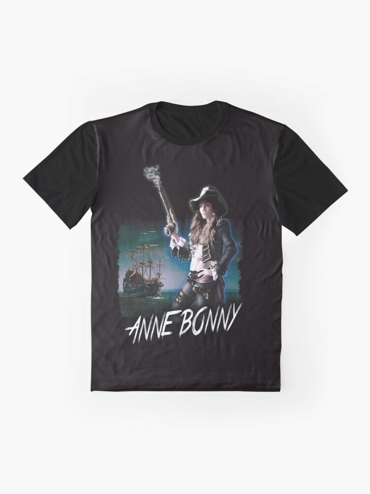 A graphic t-shirt featuring the powerful pirate queen Anne Bonny from the Black Sails TV series. - Flat lay