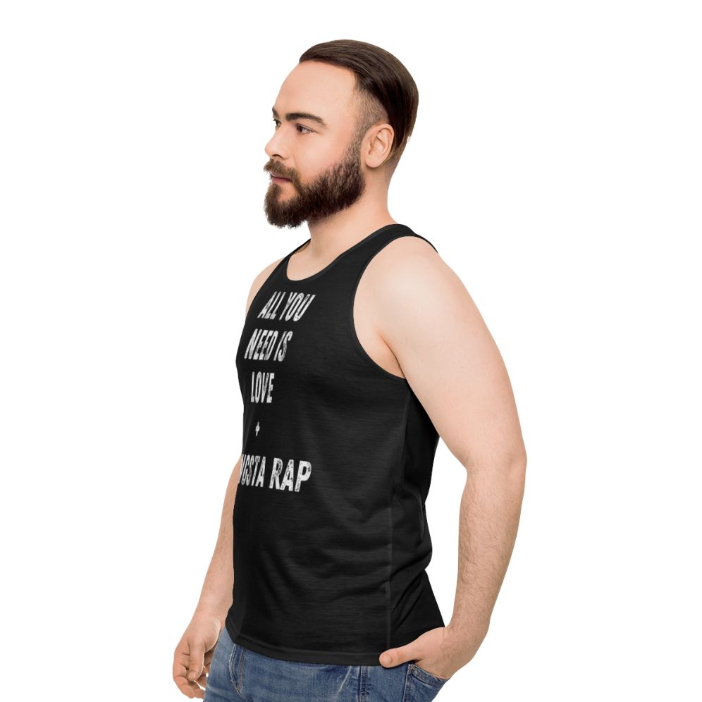 Gangsta rap unisex tank top with Beatles-inspired "All You Need is Love" typography - men side