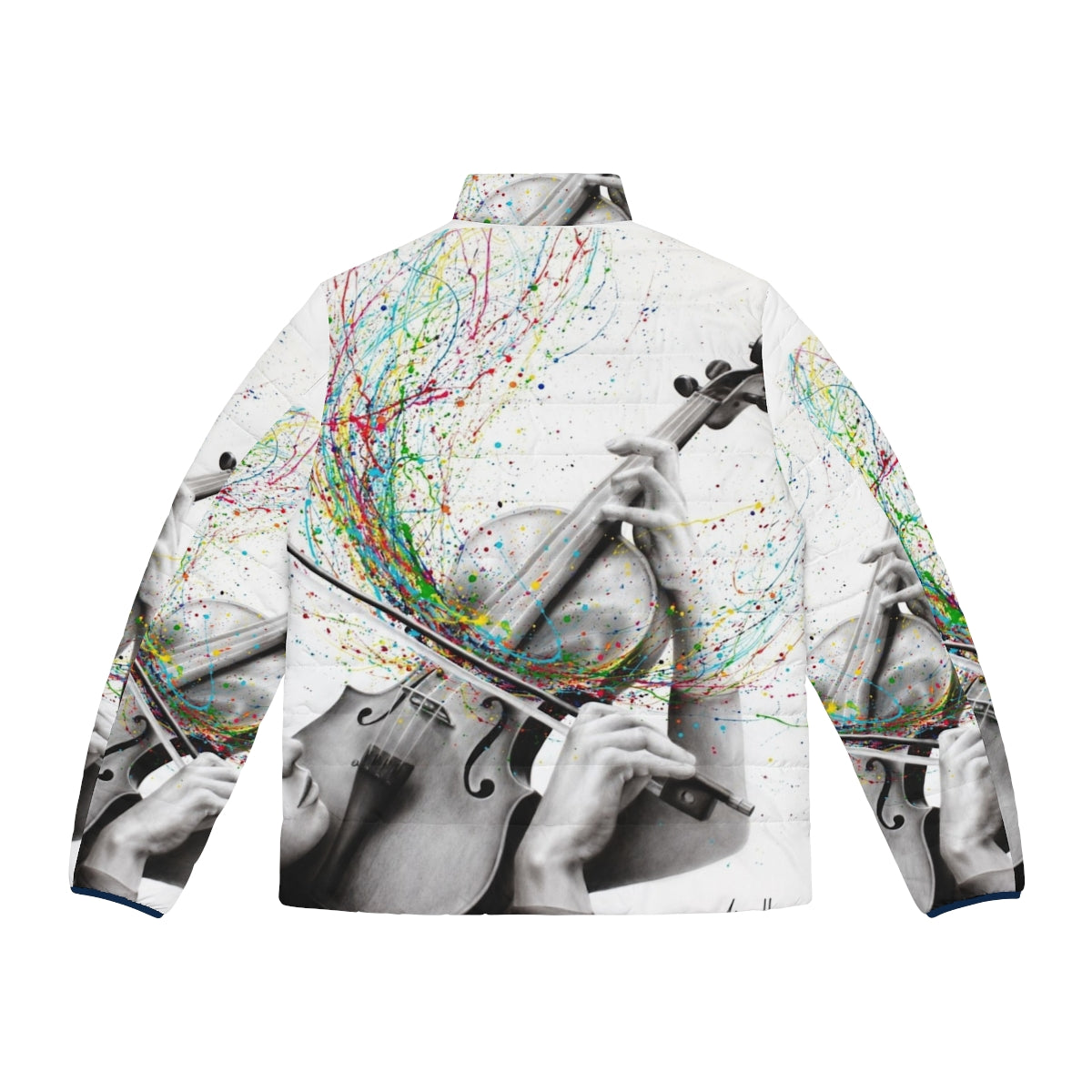 A puffer jacket featuring an abstract, expressive design inspired by the sound of a solo violin performance. - Back