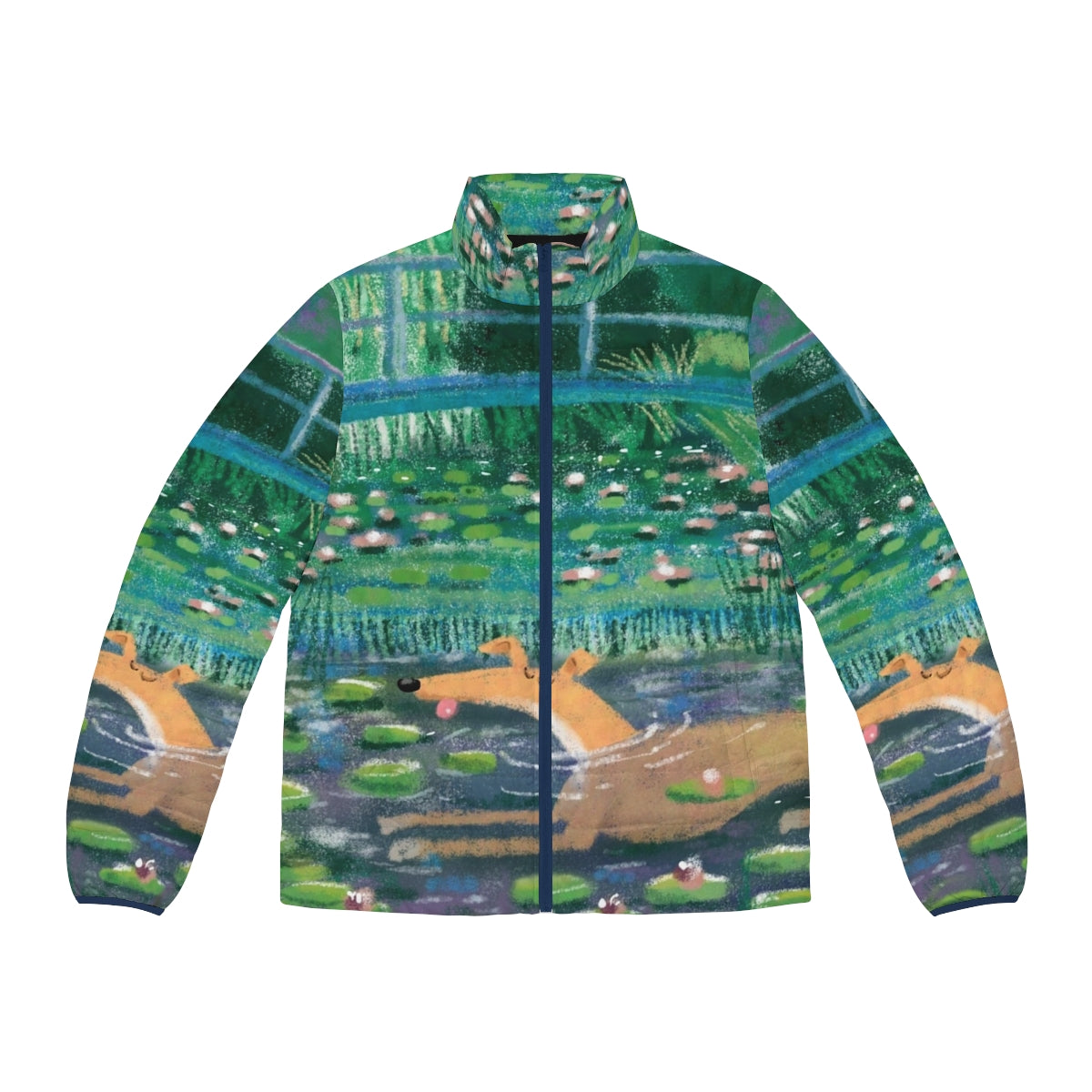 Greyhound puffer jacket with impressionist art design