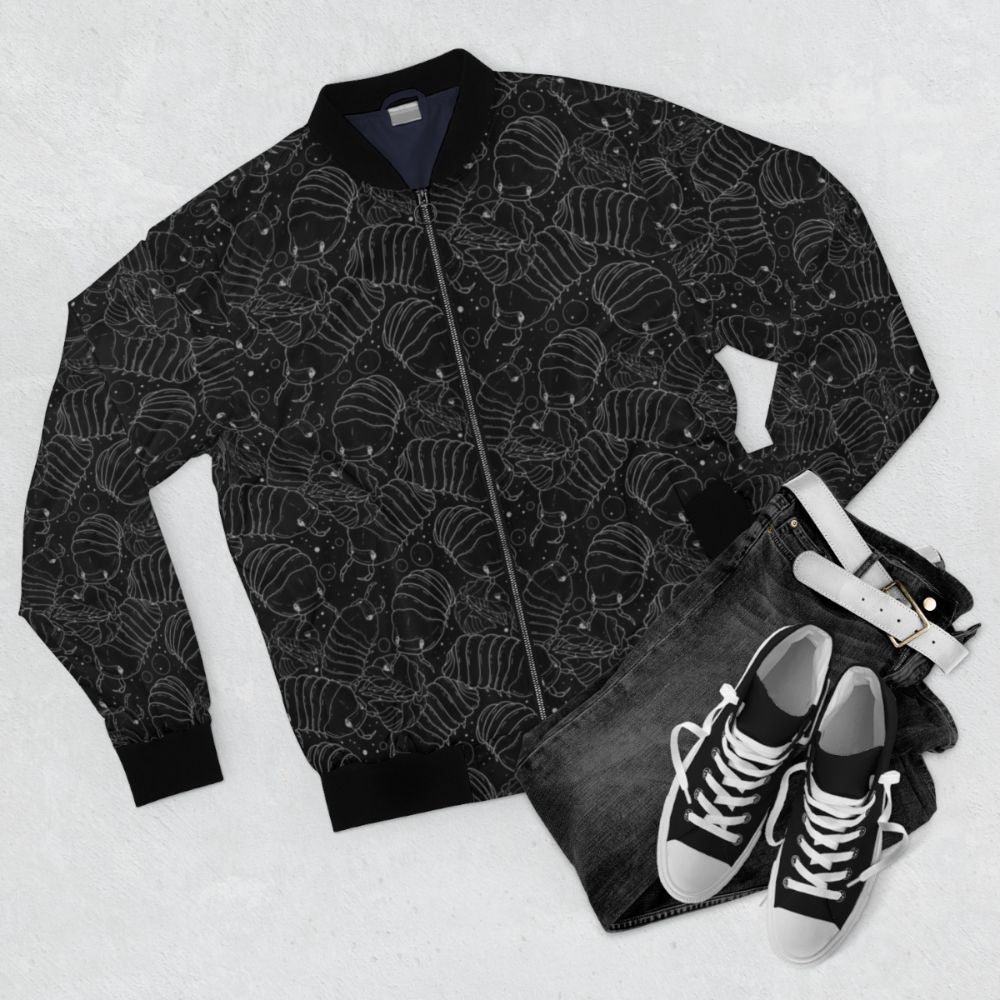 Monochrome bomber jacket with cute isopod illustration - Flat lay