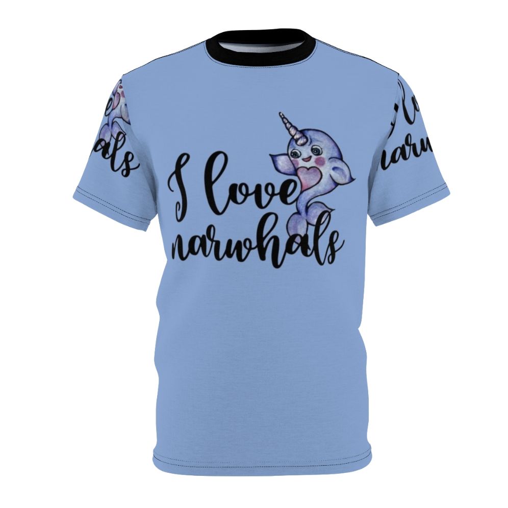 All-over print t-shirt featuring a cute and colorful narwhal design