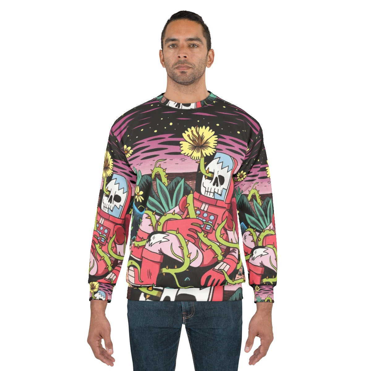 Flower pattern sweatshirt with cosmic, space-inspired design - men