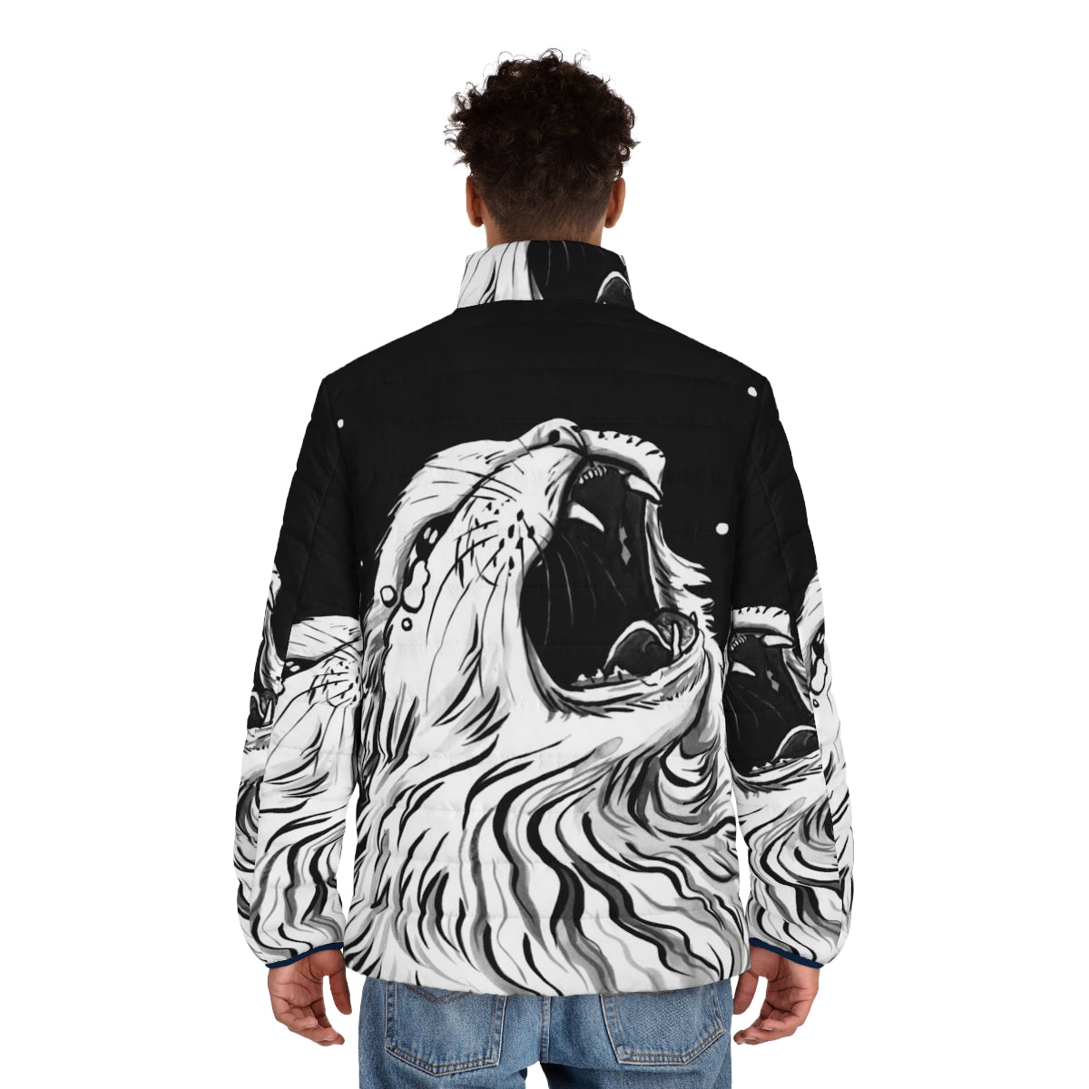 Thurston the screaming cat printed on a black puffer jacket - men back