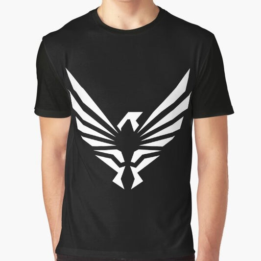 Falcon aviation graphic design printed on a black t-shirt