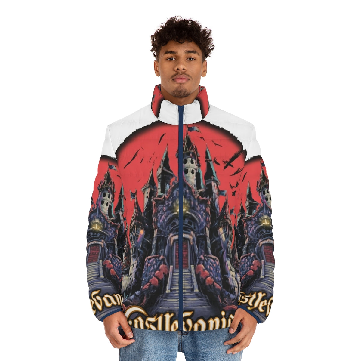 Castlevania-themed puffer jacket with gothic and vampire design - men front