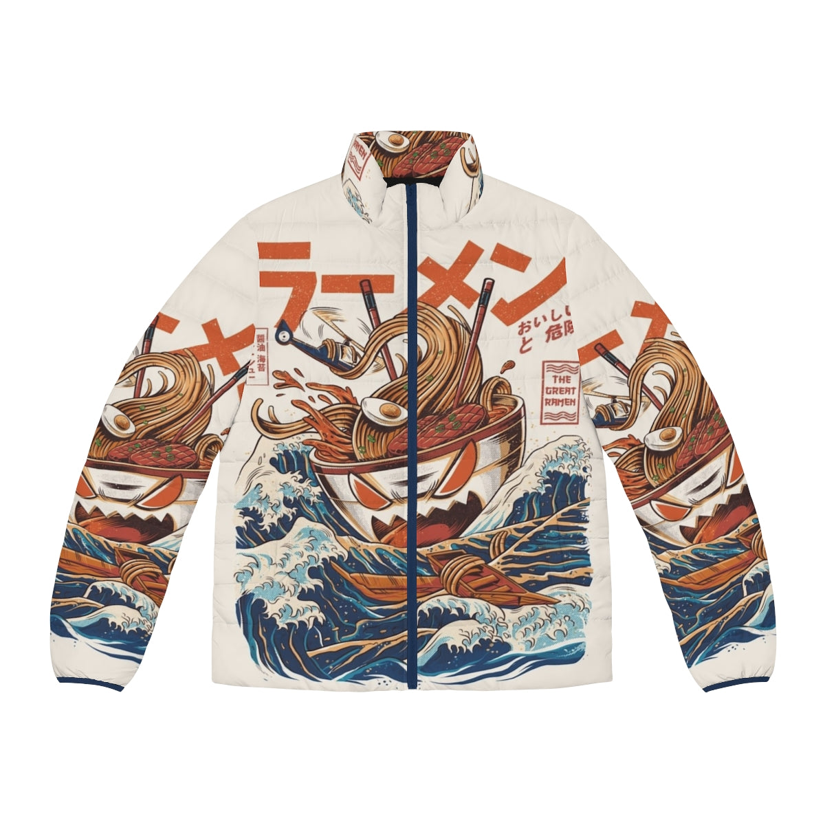 Puffer jacket featuring a vintage Japanese-style illustration of a kaiju monster emerging from a bowl of ramen noodles