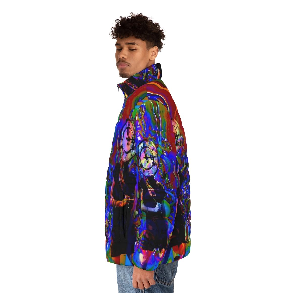 Colorful and abstract clockwork puffer jacket - men side left