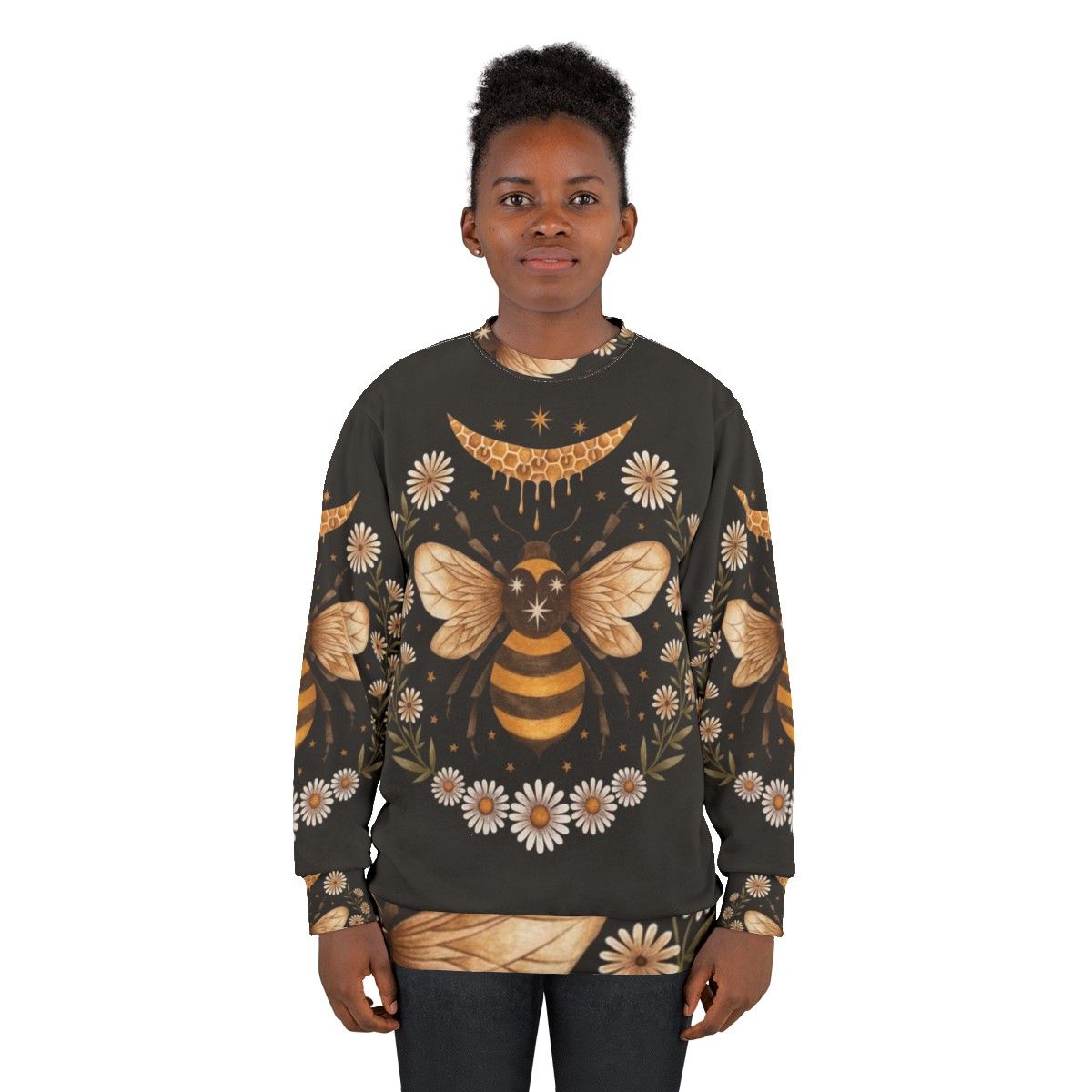 Honey Moon Witch Sweatshirt with Floral Honeycomb and Crescent Moon Design - women