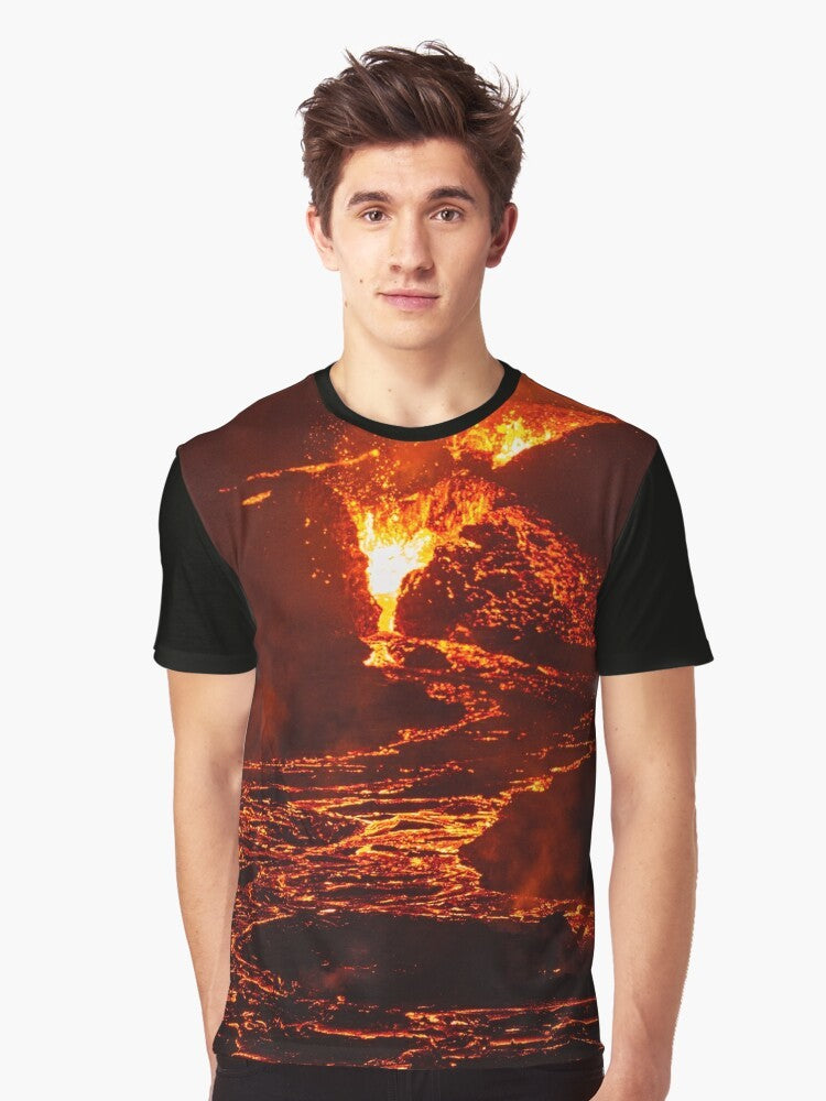 Graphic t-shirt featuring a lava crater flow at night in Iceland on April 20th, 2021 - Men