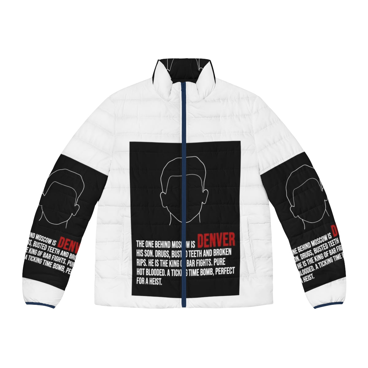 Denver House of Money Puffer Jacket featuring iconic Money Heist inspired lineart design