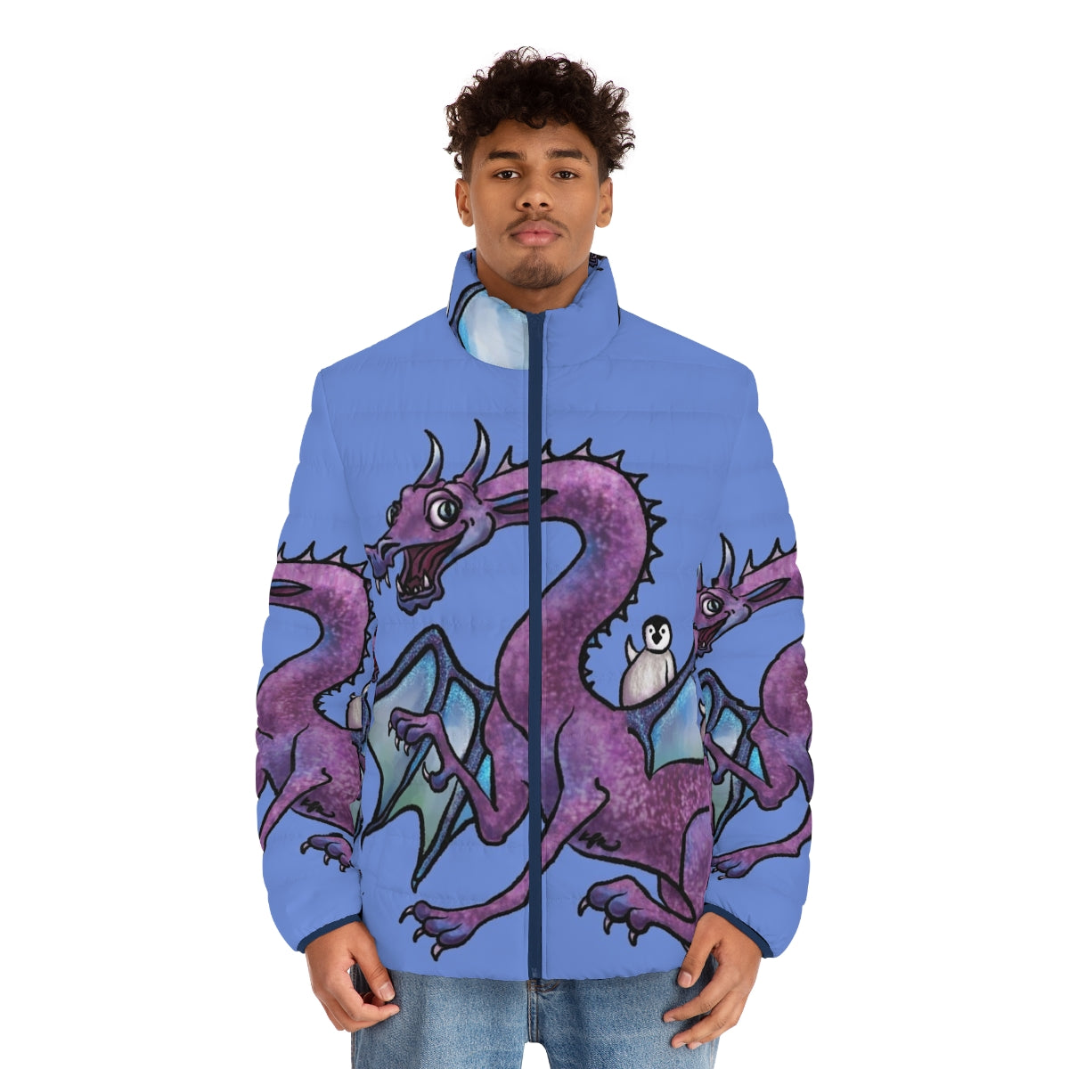 Whimsical puffer jacket featuring a penguin and dragon in a fantasy adventure - men front