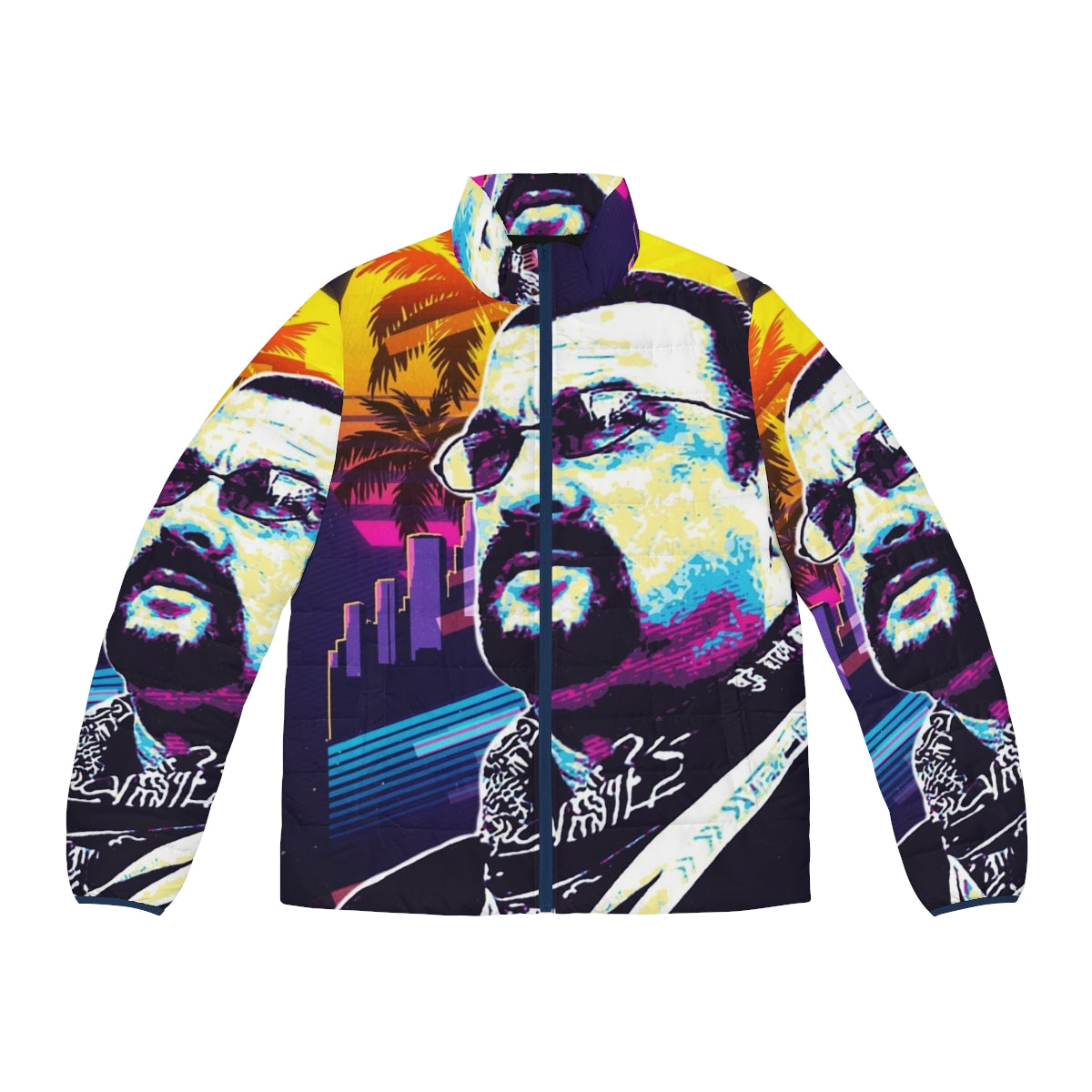 Steven Seagal in a vibrant pop art-inspired puffer jacket