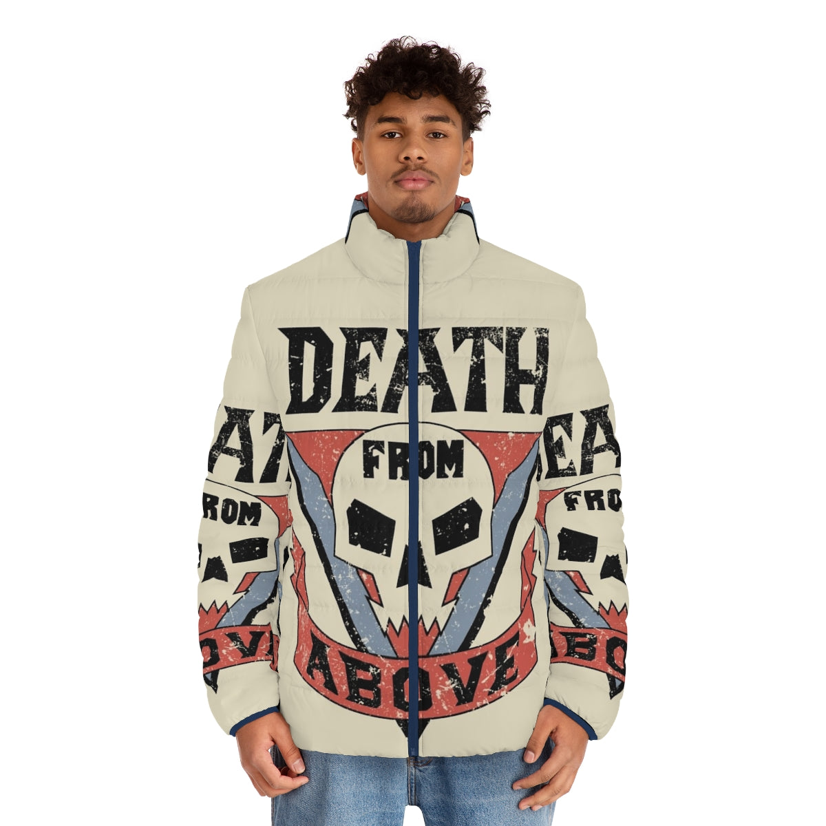 Starship Troopers inspired puffer jacket with "Death From Above" graphic - men front