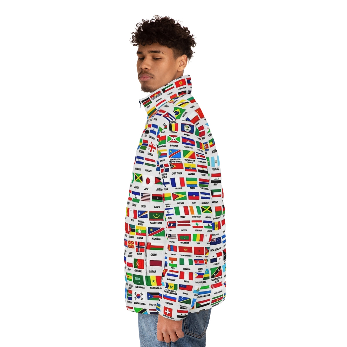 Vintage Flags of the World Puffer Jacket featuring a colorful world map design - men side left