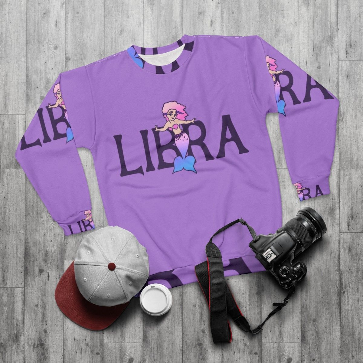 Libra mermaid sweatshirt with pink and constellation design - flat lay