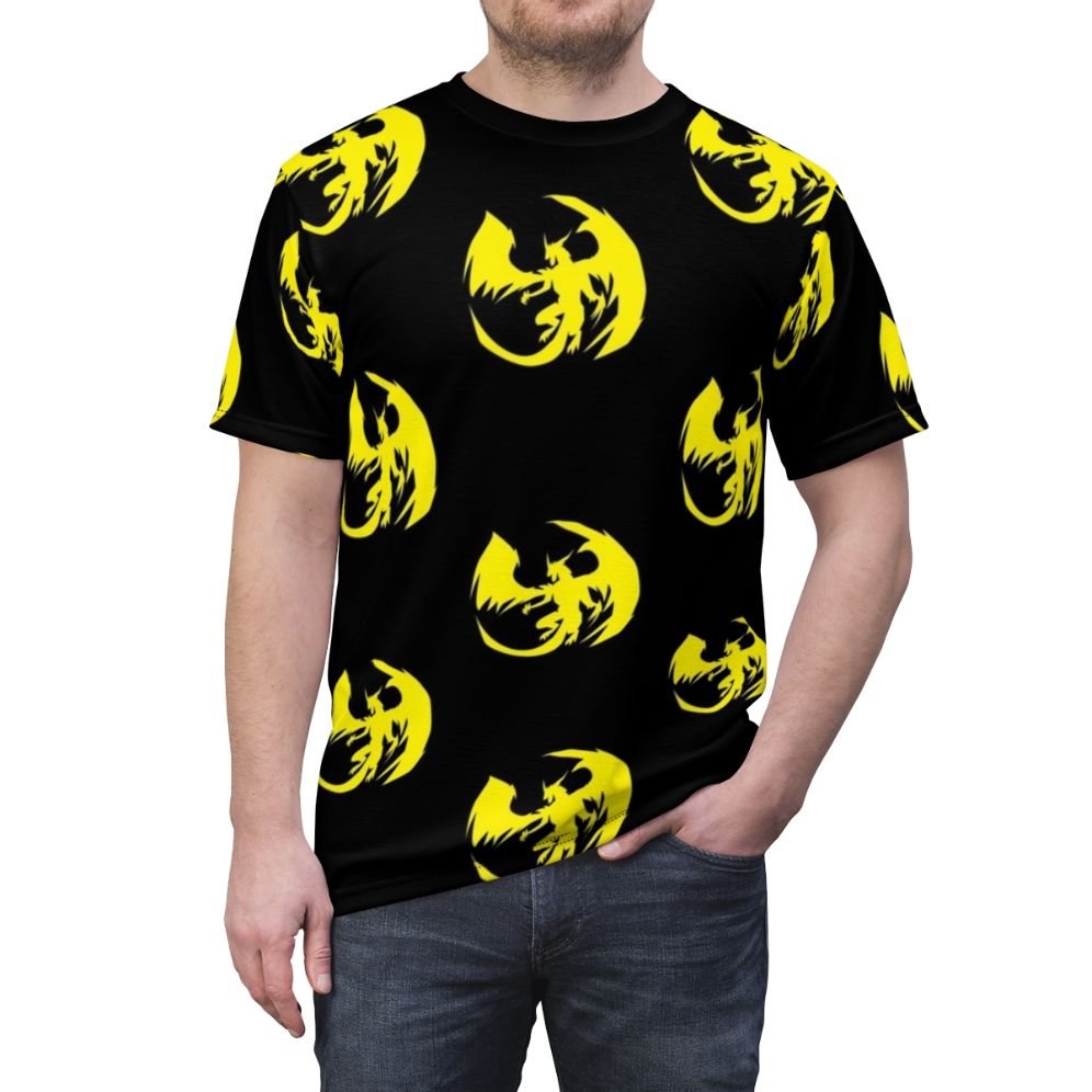 Silhouette of a majestic yellow dragon, a mythical and legendary creature, printed on a high-quality t-shirt. - men front