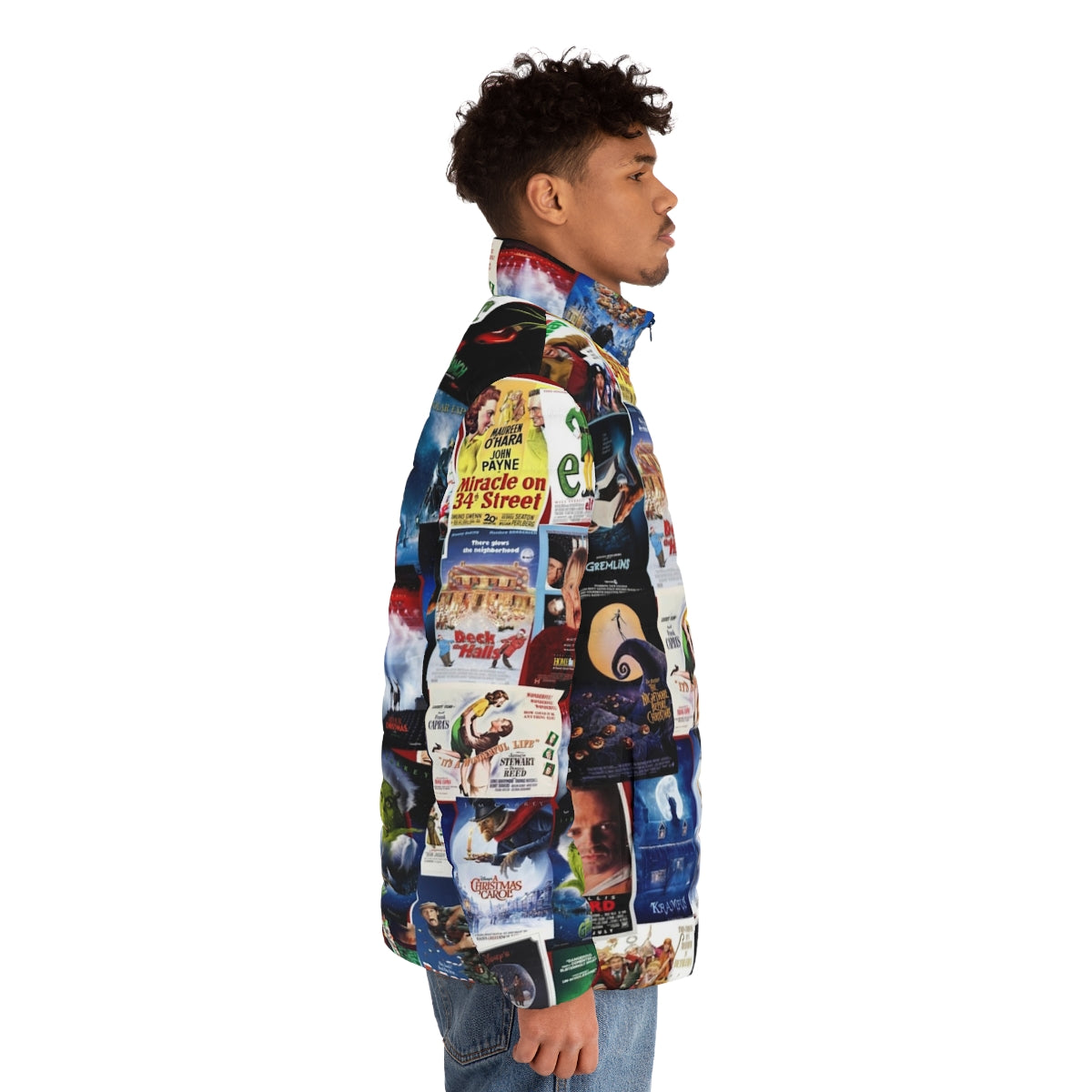 Christmas film collage puffer jacket featuring iconic holiday movies - men side right