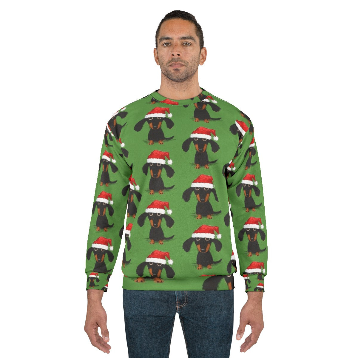 A cozy and humorous Christmas sweatshirt featuring a dachshund dressed as Santa - men