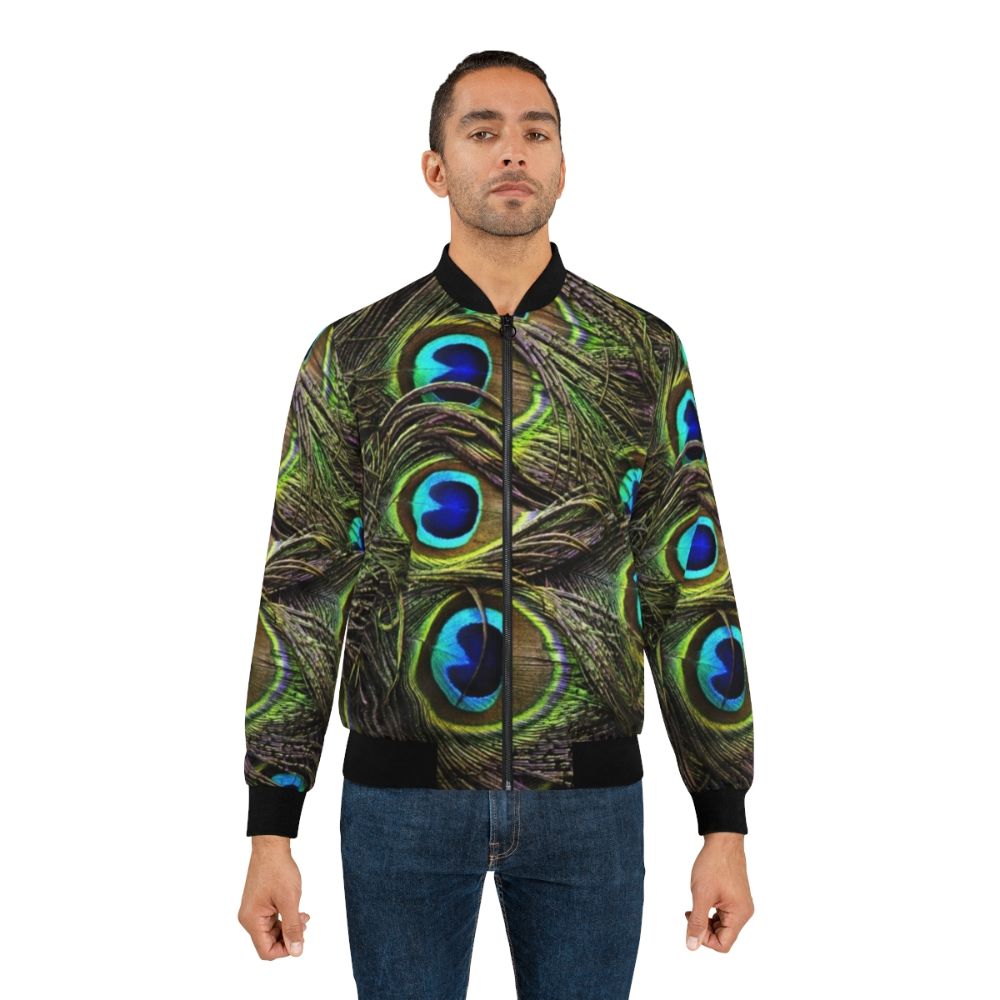 Peacock feathers bomber jacket with vibrant, colorful pattern - Lifestyle