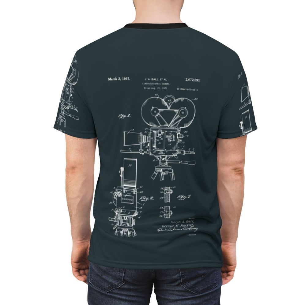 Vintage-style t-shirt featuring patent drawings of a movie camera from 1937. - men back