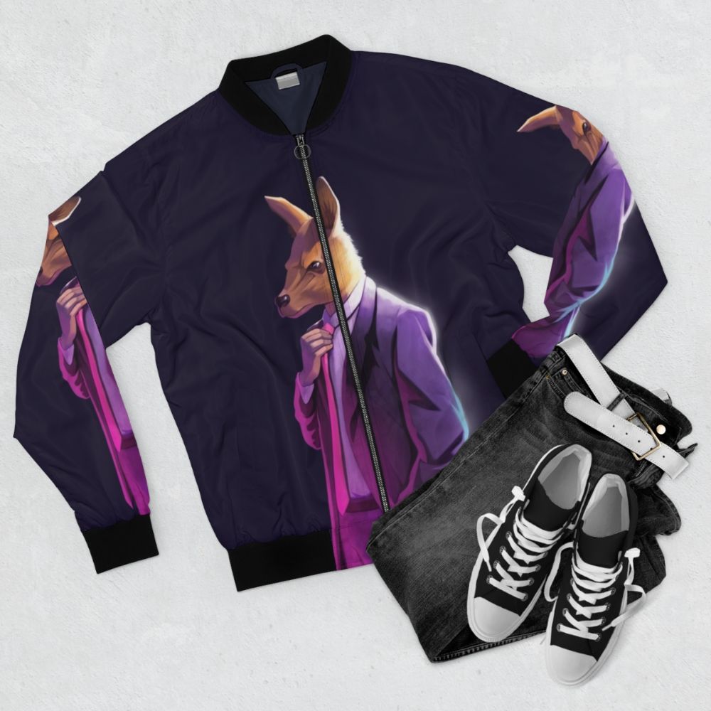 Atheism-inspired bomber jacket featuring a kangaroo (Roo) design and the "Atheism is Unstoppable" logo - Flat lay