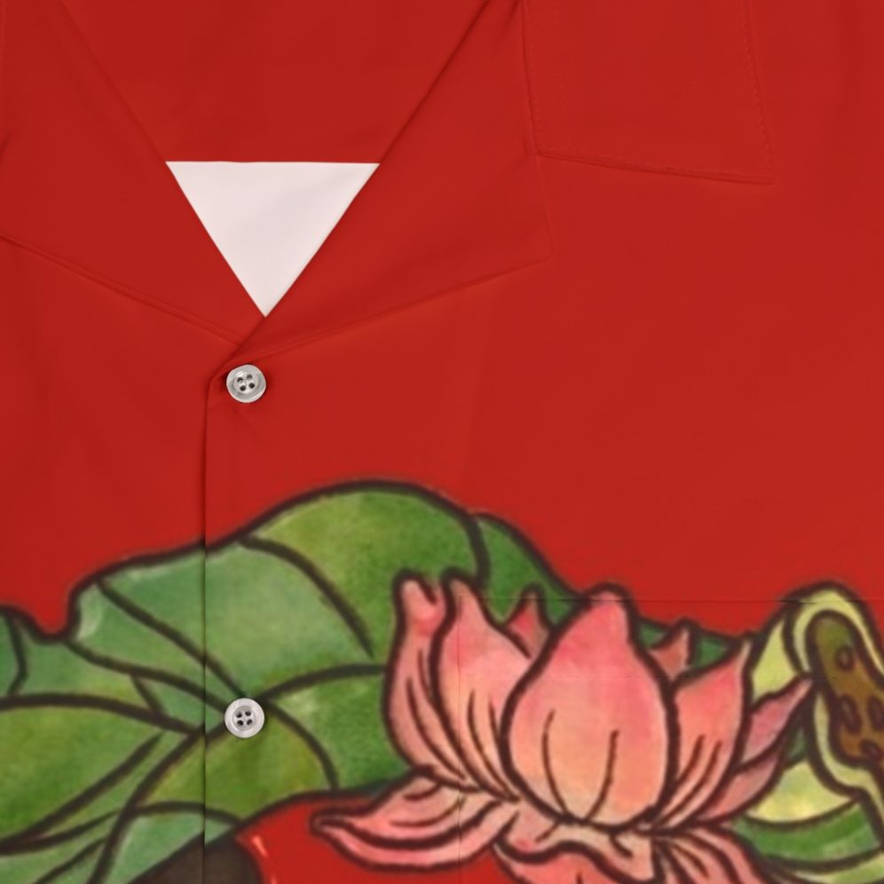 Abundance Year After Year Hawaiian Shirt with Floral Pattern, Koi Fish, and Lotus Flower - Detail