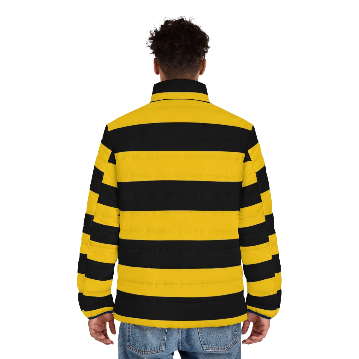 Bumblebee-inspired puffer jacket with yellow and black stripes - men back