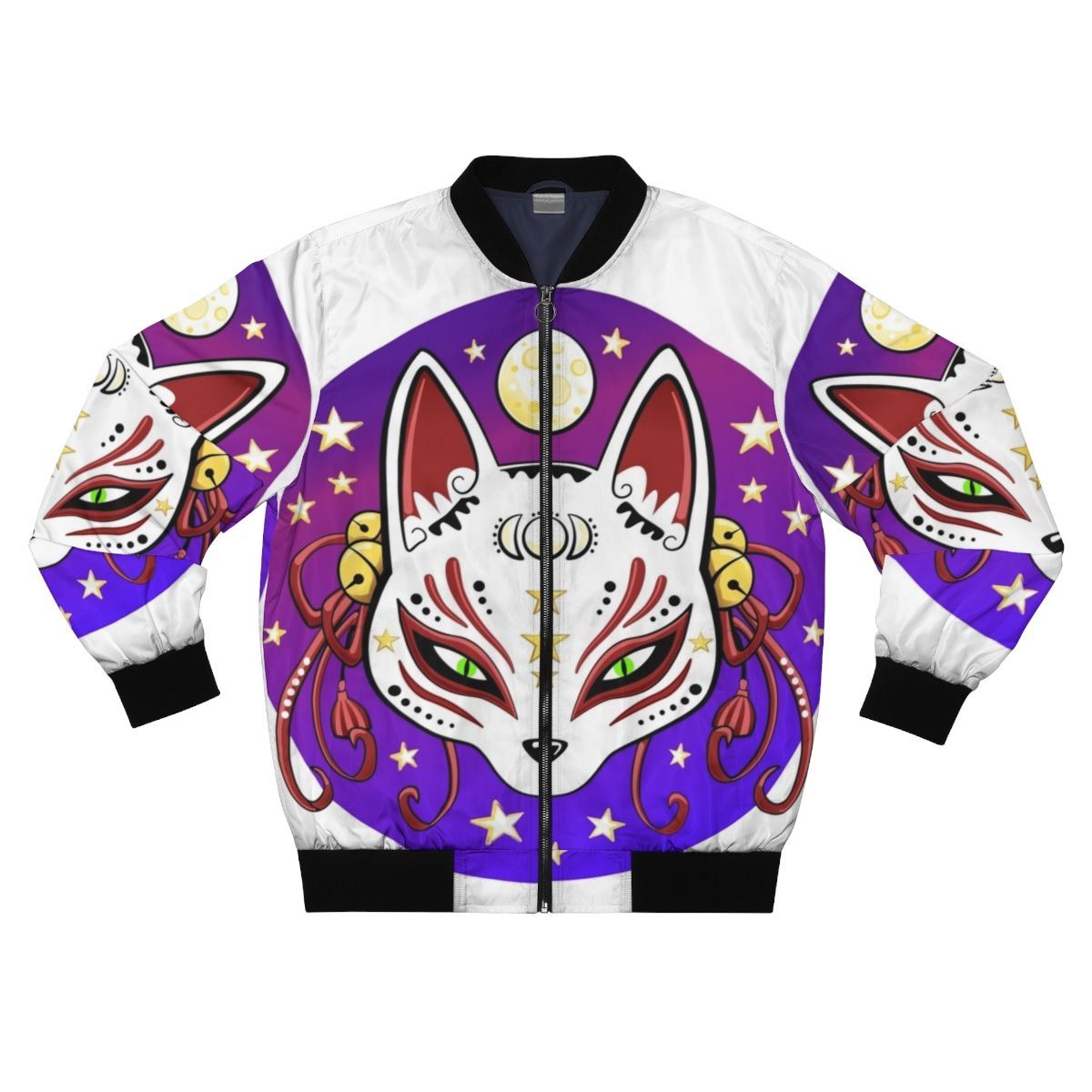 Kitsune-themed bomber jacket with Japanese fox mask, stars, and moon imagery