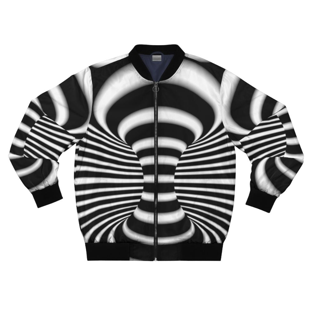 Black and white abstract optical illusion bomber jacket with 3D textile design and curved lines.