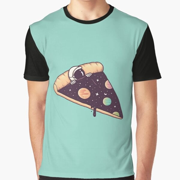 Graphic t-shirt featuring a surreal design of an astronaut enjoying a slice of pizza in the vast cosmos