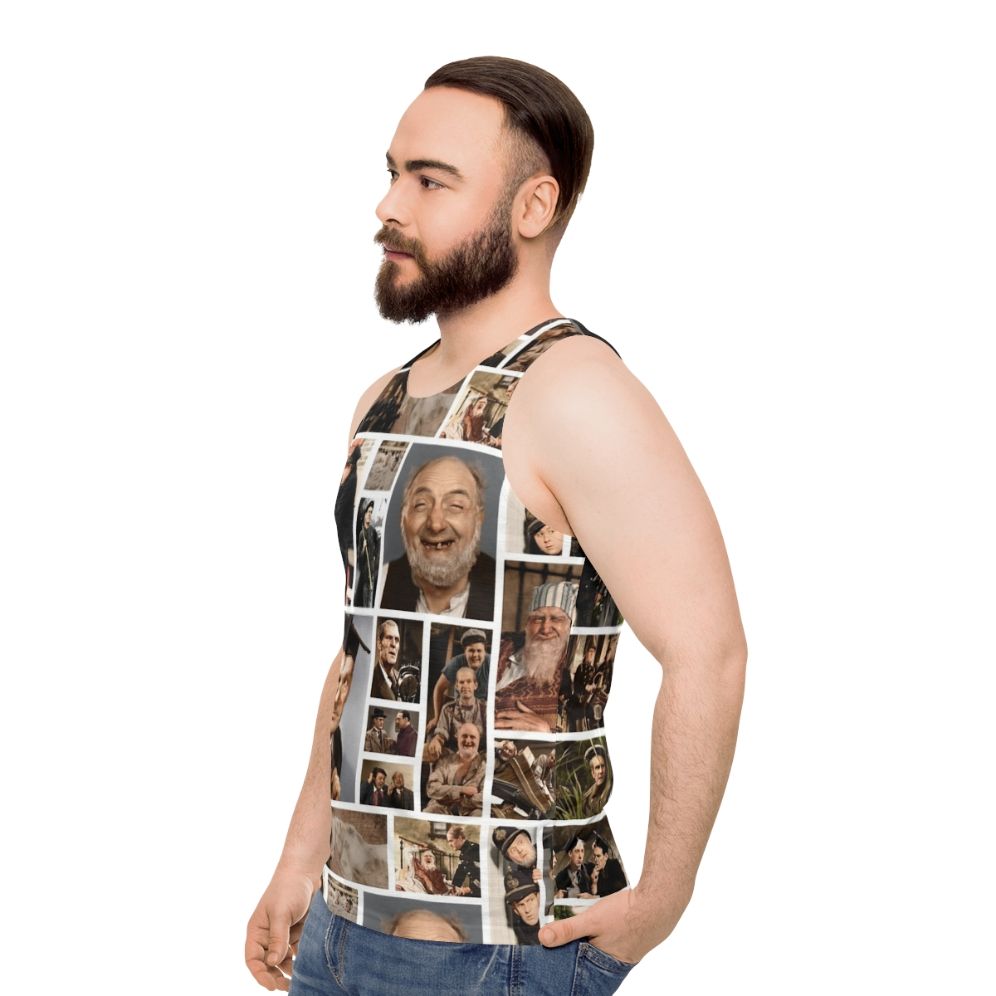 Unisex tank top featuring colourized film stills from classic British comedy - men side