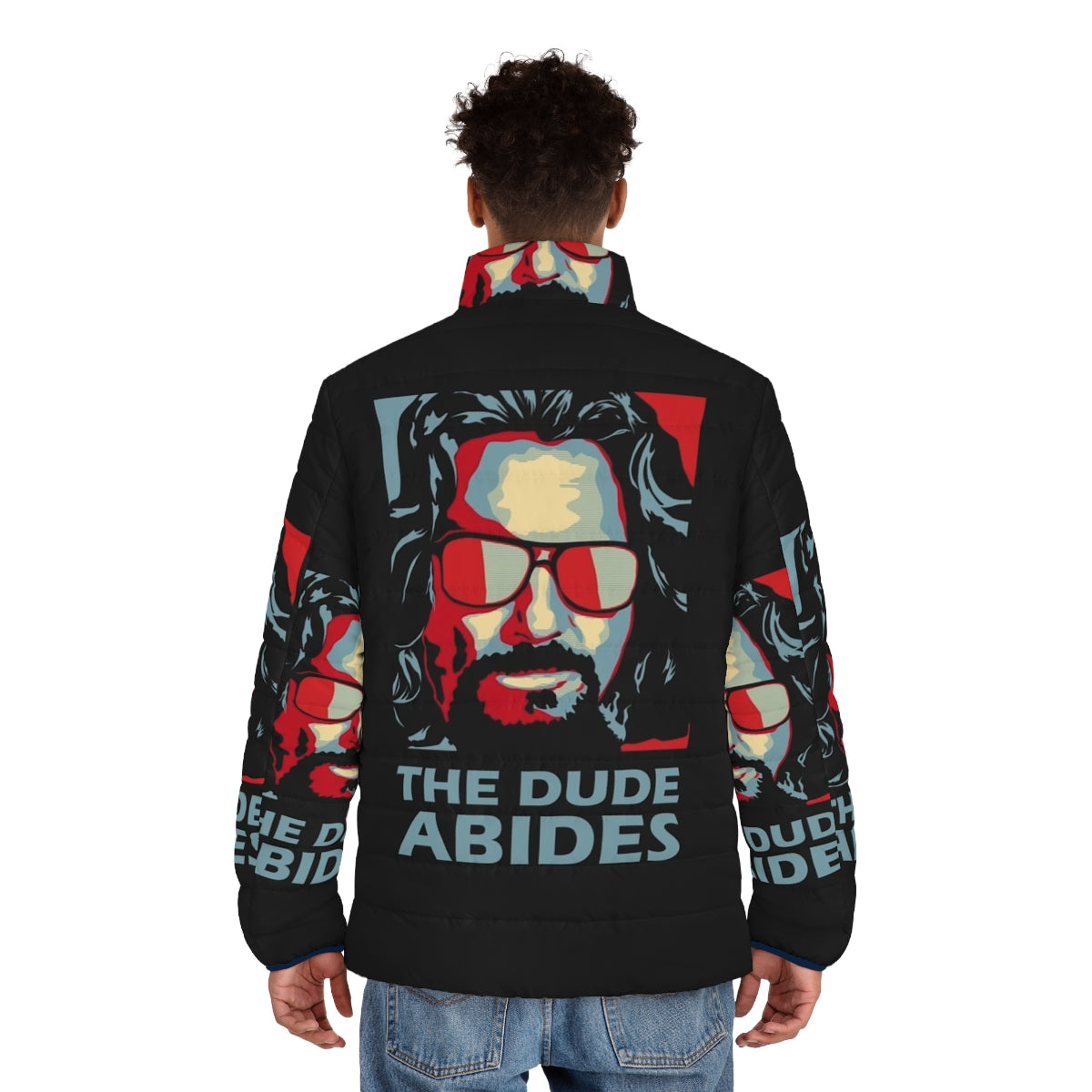 The Dude Abides Man Puffer Jacket featuring a retro '90s stoner-inspired design - men back