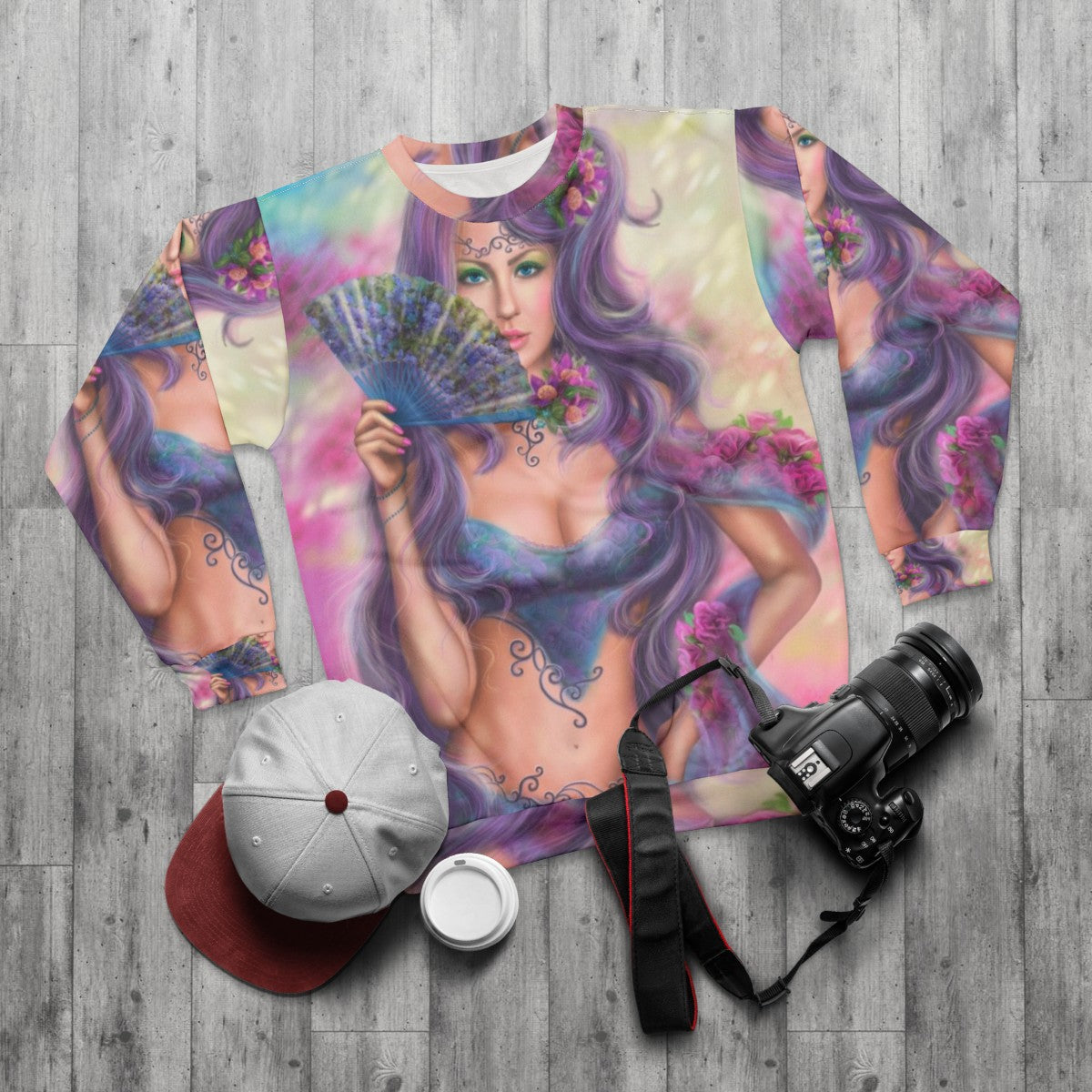 Kawaii Japanese girl with fan art sweatshirt design - flat lay