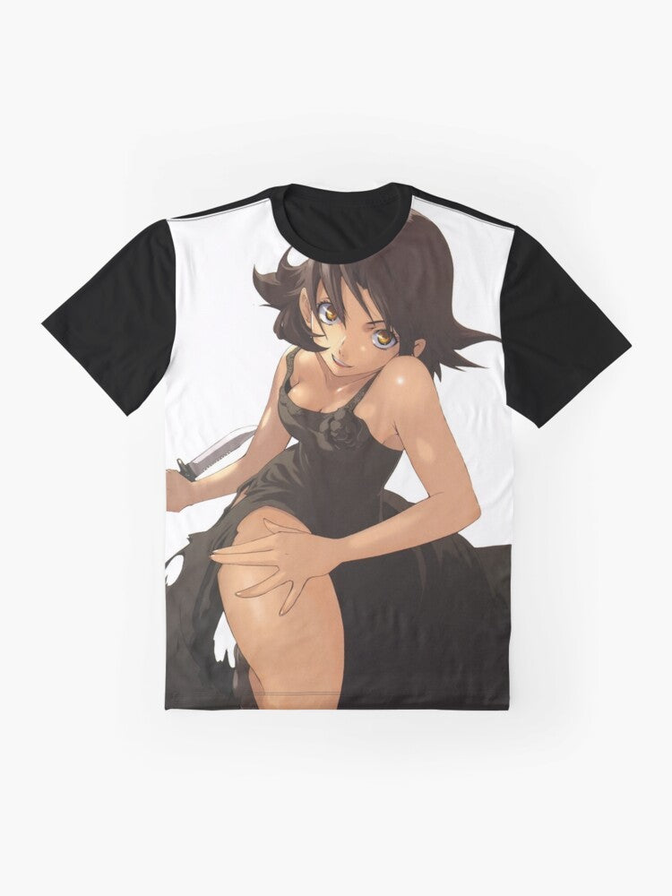 Baccano! anime manga graphic t-shirt featuring characters like Firo Prochainezo, Ladd Russo, and Chane Laforet - Flat lay