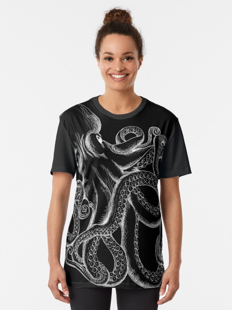 Octopus line art design on a white graphic t-shirt - Women