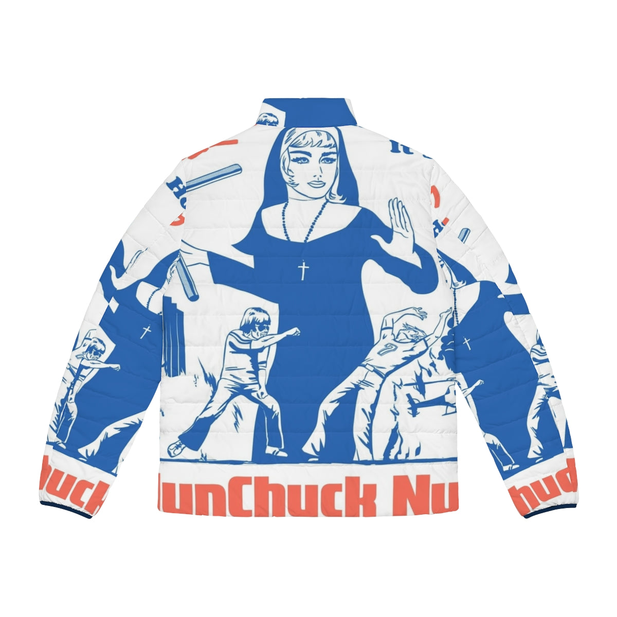 Geeky nunchuck nun puffer jacket with retro 70s 80s kung fu parody design - Back