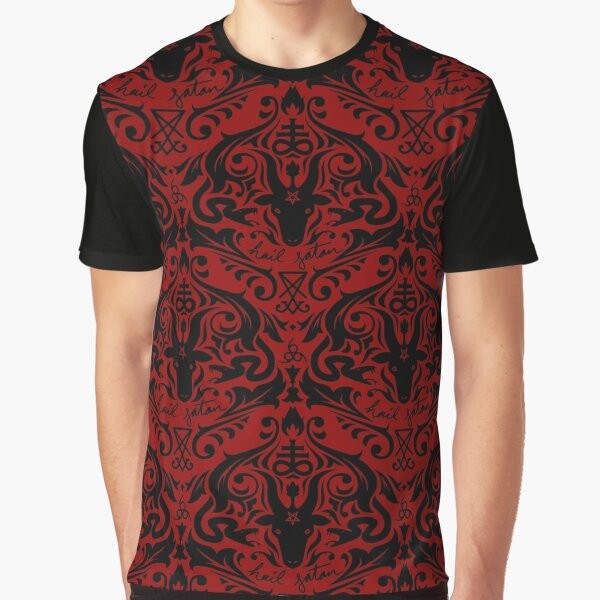 Satanic art occult damask graphic t-shirt with "Hail Satan" text and baphomet symbol