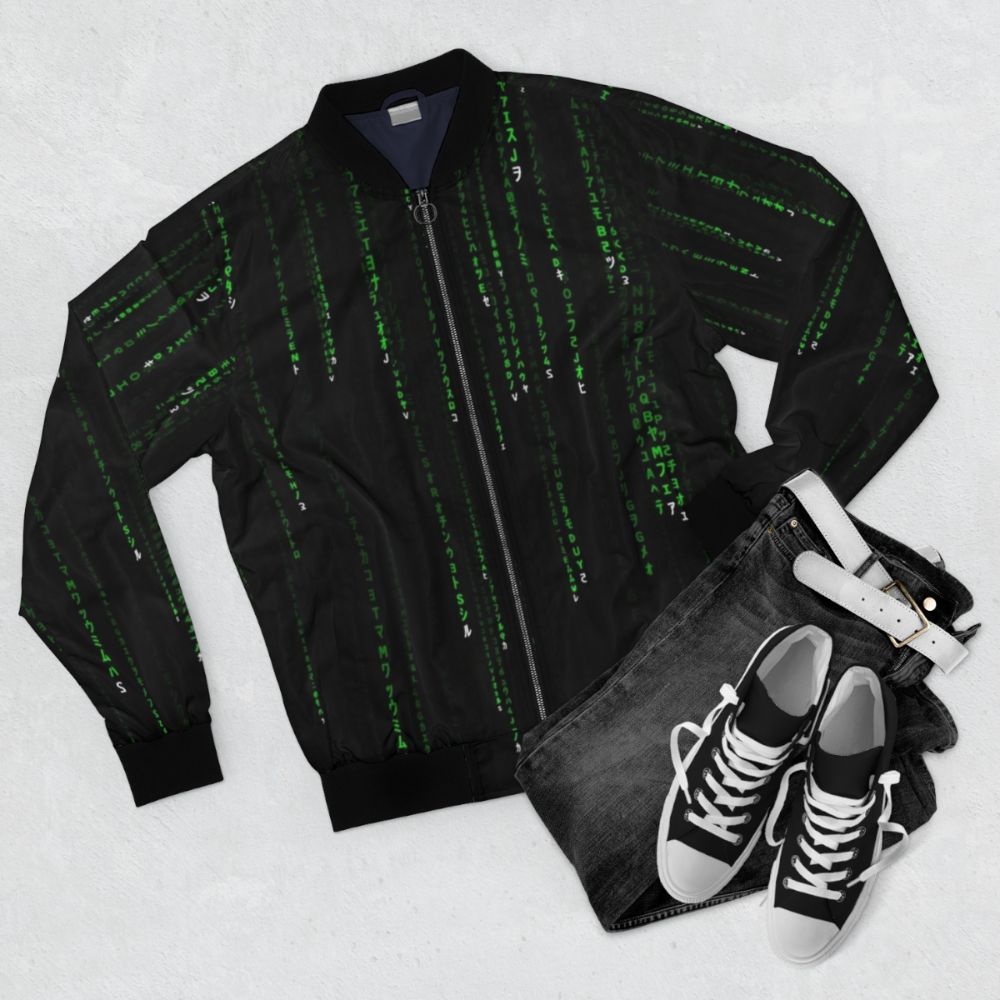 Matrix-inspired coded bomber jacket in green - Flat lay