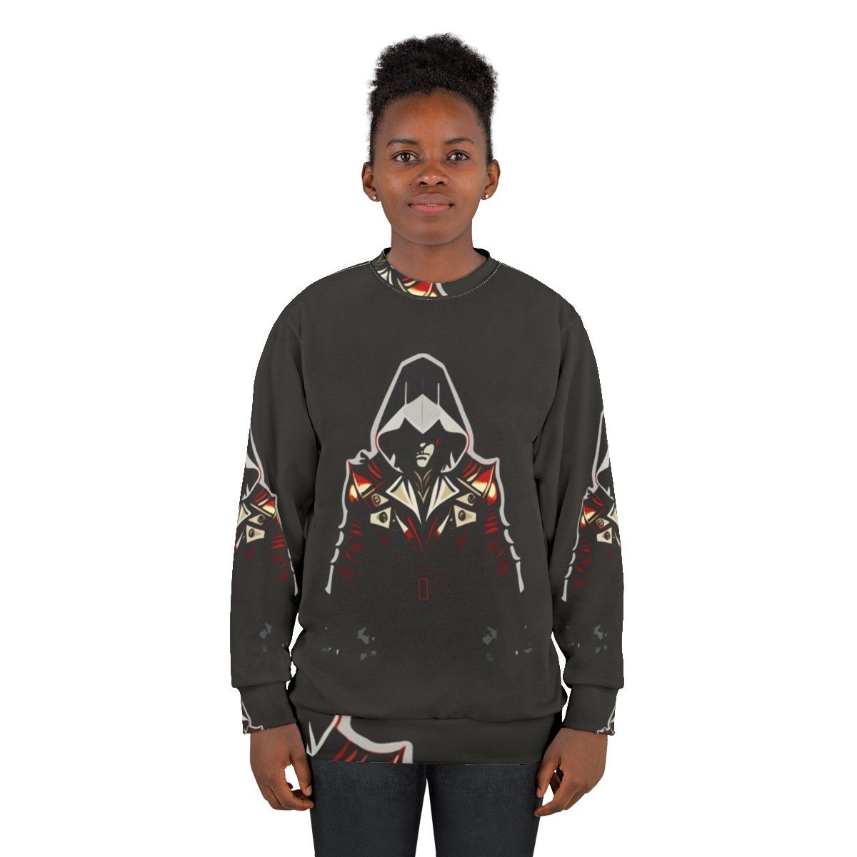 Assassins Creed inspired sweatshirt with iconic characters and stealth action design - women