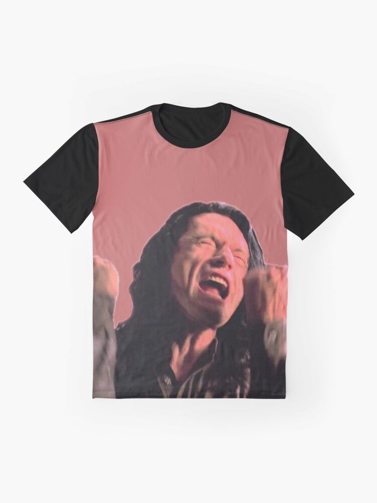 "The Room" graphic t-shirt with the quote "You're Tearing Me Apart Lisa!" and images of Tommy Wiseau. - Flat lay