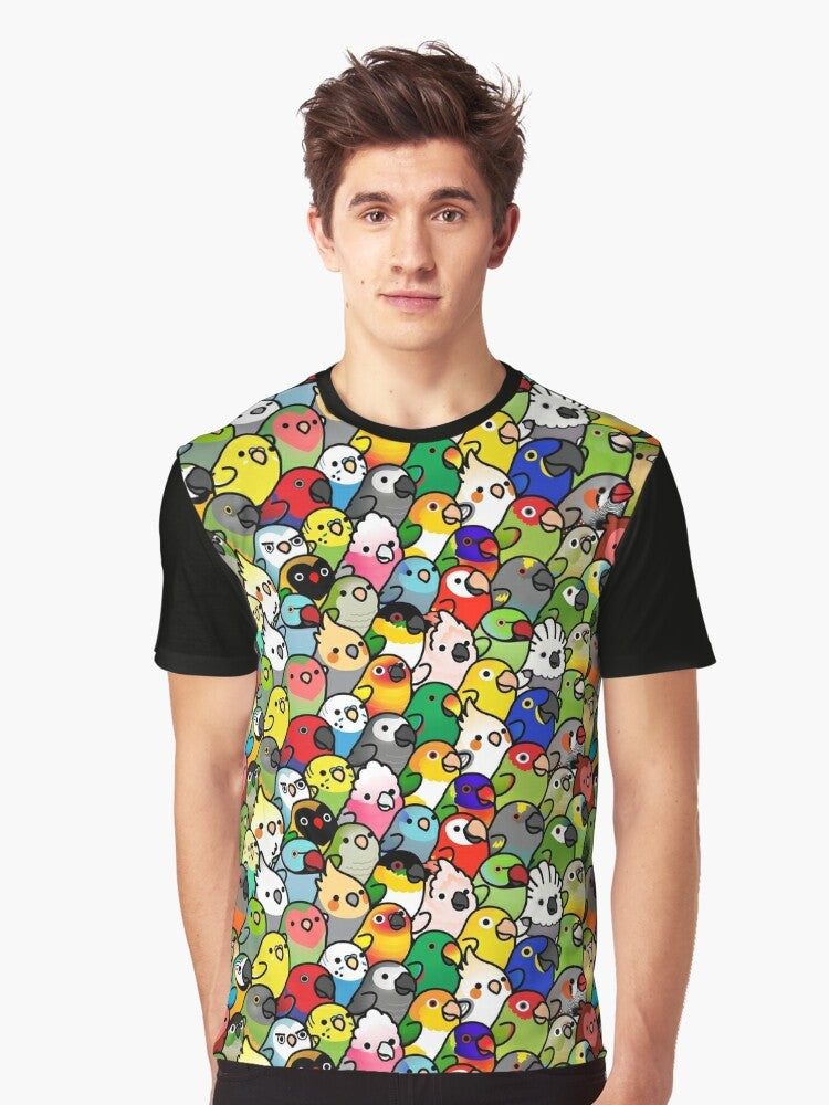 Graphic t-shirt featuring a colorful pattern of various parrot species including cockatiel, cockatoo, and more. - Men